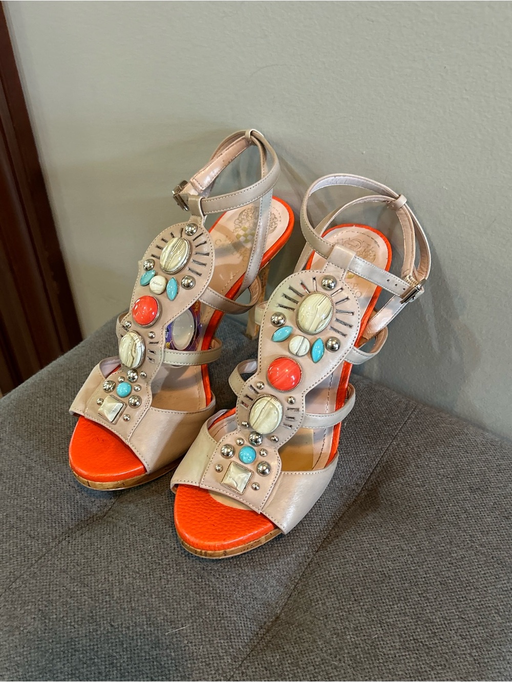 Vince Camuto Chandon Jeweled Leather Stiletto Heels Size 10 Cork Sandals
